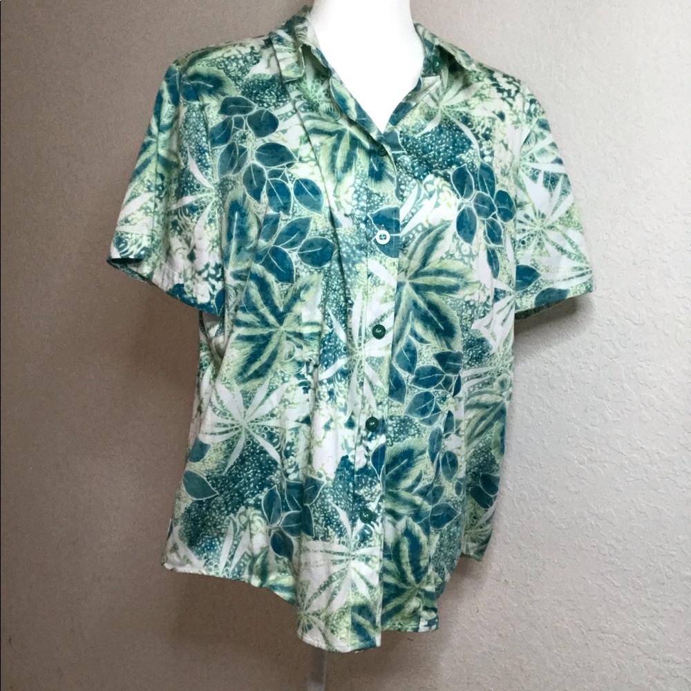 Green Leaf Print Short Sleeve Button Front Women's Top